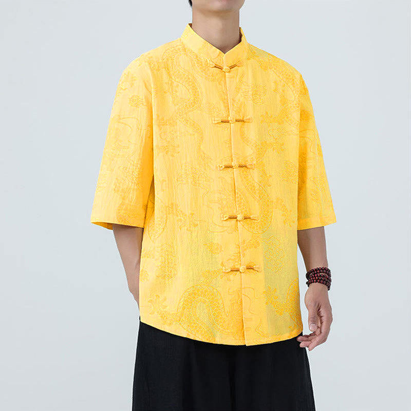 Buddha Stones Summer Dragon Auspicious Clouds Pattern Tang Suit Men's Frog-Button Half Sleeve Cotton Shirt - image 13
