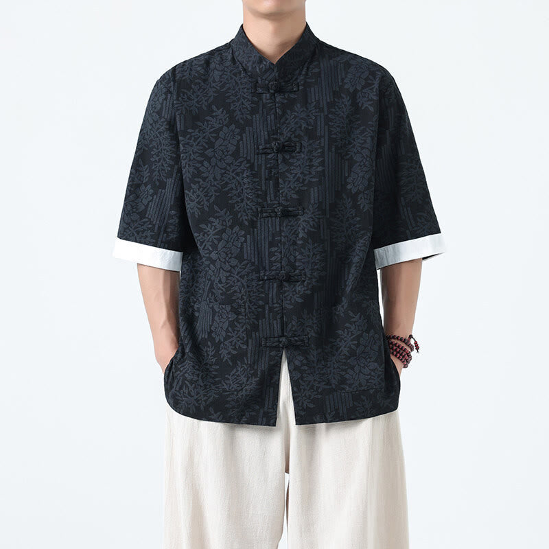 Buddha Stones Summer Flowers Grass Pattern Tang Suit Men's Frog-Button Half Sleeve Cotton Shirt With Pockets - image 1