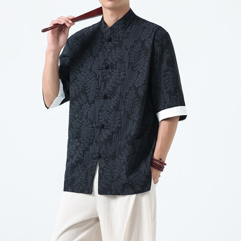 Buddha Stones Summer Flowers Grass Pattern Tang Suit Men's Frog-Button Half Sleeve Cotton Shirt With Pockets - Black - US/UK/AU46，EU56 (5XL) - image 0