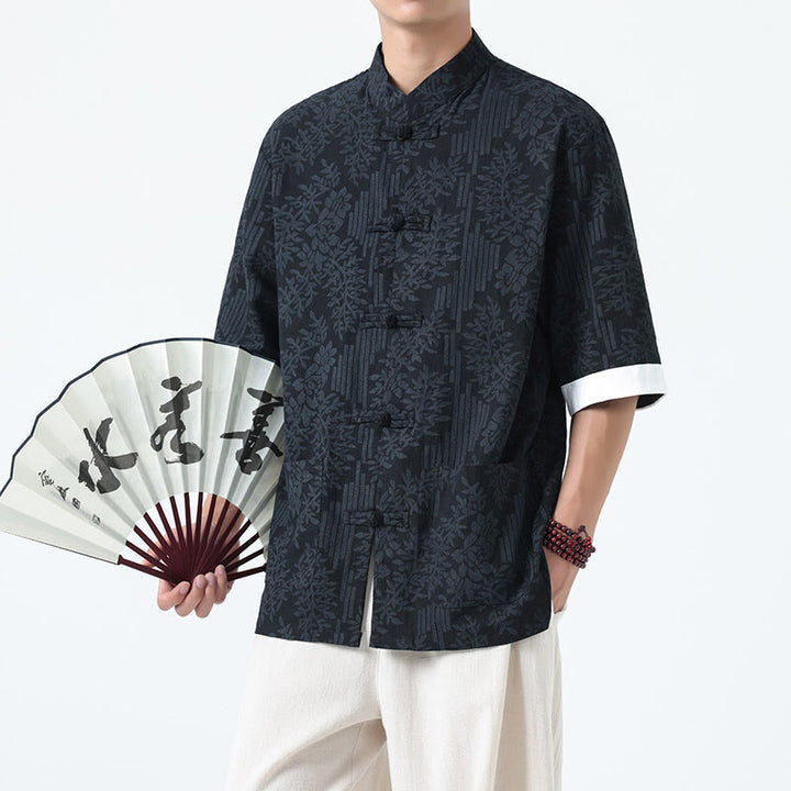 Buddha Stones Summer Flowers Grass Pattern Tang Suit Men's Frog-Button Half Sleeve Cotton Shirt With Pockets - image 2
