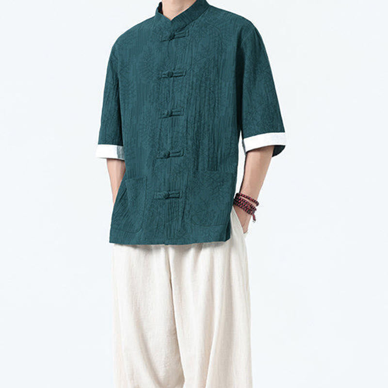 Buddha Stones Summer Flowers Grass Pattern Tang Suit Men's Frog-Button Half Sleeve Cotton Shirt With Pockets - image 20