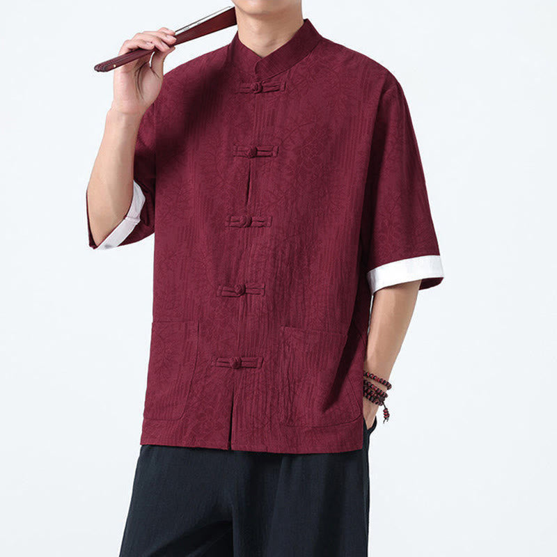 Buddha Stones Summer Flowers Grass Pattern Tang Suit Men's Frog-Button Half Sleeve Cotton Shirt With Pockets - image 14