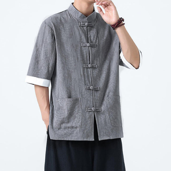 Buddha Stones Summer Flowers Grass Pattern Tang Suit Men's Frog-Button Half Sleeve Cotton Shirt With Pockets - image 5