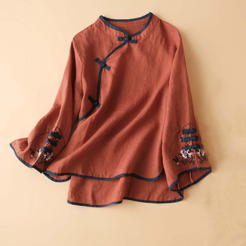 Buddha Stones Retro Flower Embroidery Design Long Sleeve Cotton Linen Women's Shirt - Red - US12，UK/AU16，EU44 (4XL) - image 0