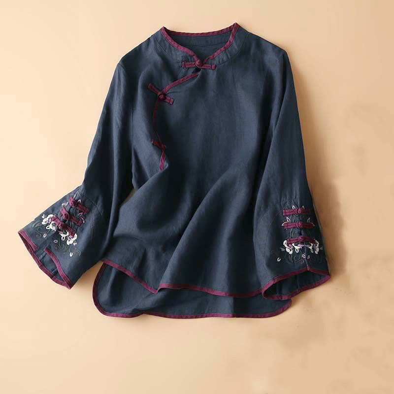 Buddha Stones Retro Flower Embroidery Design Long Sleeve Cotton Linen Women's Shirt - DarkSlateBlue - US12，UK/AU16，EU44 (4XL) - image 21