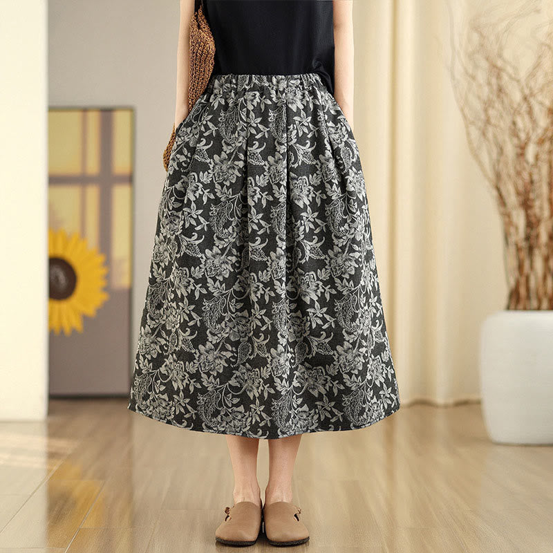 Buddha Stones Printing Flower Paisley Pattern A-line Elastic Waist Cotton Women's Skirt With Pockets - DimGray - US8-10，UK/AU12-14，EU40-42 (2XL) - image 1