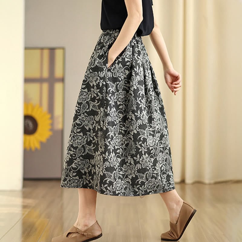 Buddha Stones Printing Flower Paisley Pattern A-line Elastic Waist Cotton Women's Skirt With Pockets - image 2