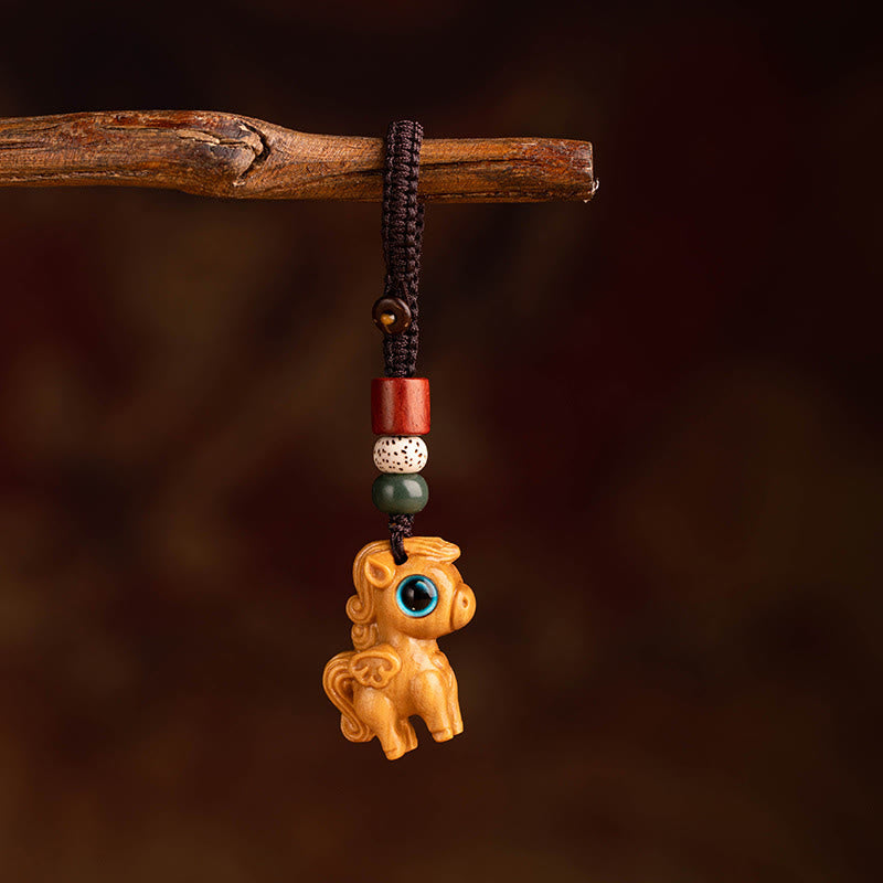 Buddha Stones Year Of The Horse Red Sandalwood Star Moon Bodhi Seed Blessing Key Chain - Red Sandalwood Star Moon Bodhi Seed Horse - image 0