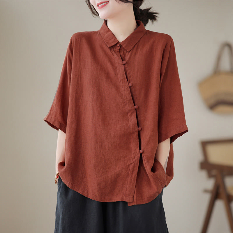 Buddha Stones Lapel Frog-Button Diagonal Placket Design Three Quarter Sleeve Women's Cotton Shirt - FireBrick - US8-10，UK/AU12-14，EU40-42 (2XL) - image 0