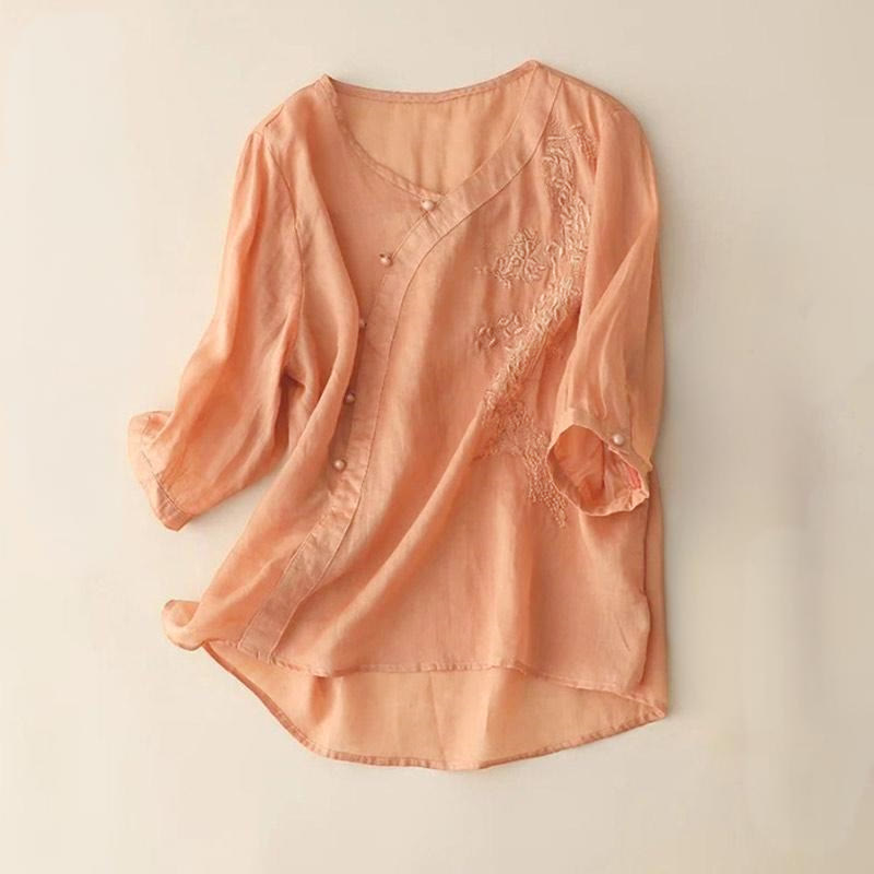 Buddha Stones Casual Loose Flower Embroidery Frog Button Short Sleeve Women's Shirt - LightSalmon - US14，UK/AU18，EU46 (4XL) - image 7