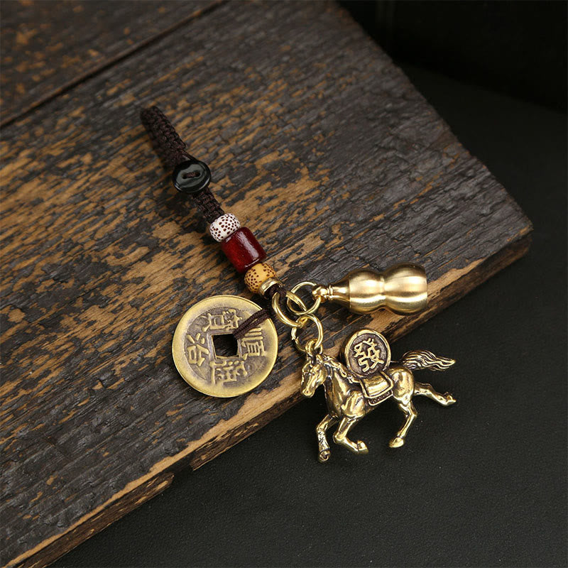 Buddha Stones Year Of The Horse Copper Brass Five-emperor Coins Pixiu Ward Off Evil Spirits Key Chain - Five-Emperor Coins Gourd Horse - image 0