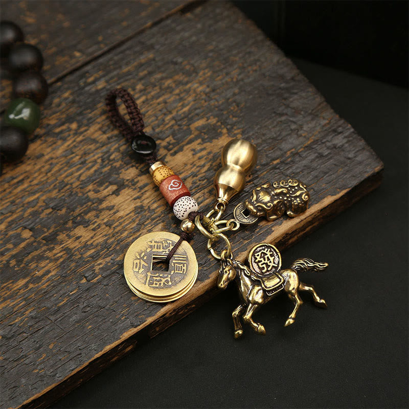 Buddha Stones Year Of The Horse Copper Brass Five-emperor Coins Pixiu Ward Off Evil Spirits Key Chain - Five-Emperor Coins PiXiu Gourd Horse - image 7