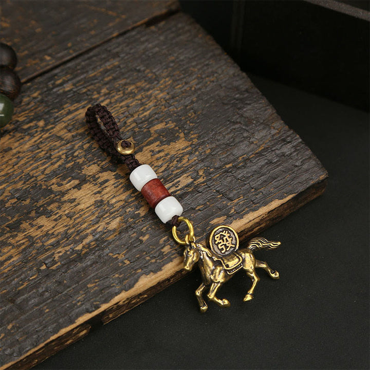 Buddha Stones Year Of The Horse Copper Brass Five-emperor Coins Pixiu Ward Off Evil Spirits Key Chain - White Bead Horse - image 9