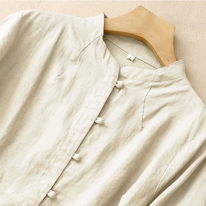 Buddha Stones Summer Women's Short Sleeve Stand Collar Side Slit Frog-Button Design Shirt - image 2