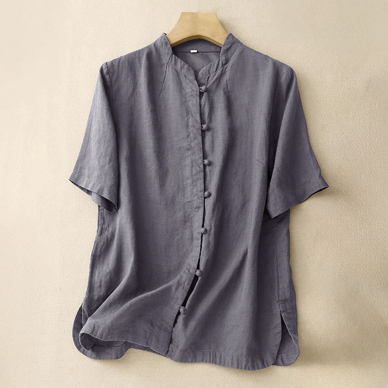 Buddha Stones Summer Women's Short Sleeve Stand Collar Side Slit Frog-Button Design Shirt - SlateGray - US8-10，UK/AU12-14，EU40-42 (2XL) - image 13
