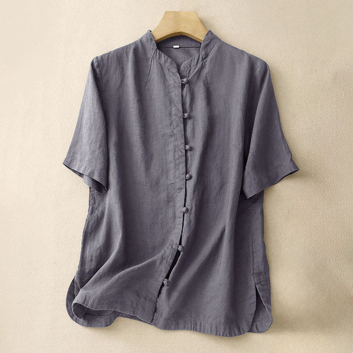 Buddha Stones Summer Women's Short Sleeve Stand Collar Side Slit Frog-Button Design Shirt - SlateGray - US8-10，UK/AU12-14，EU40-42 (2XL) - image 13