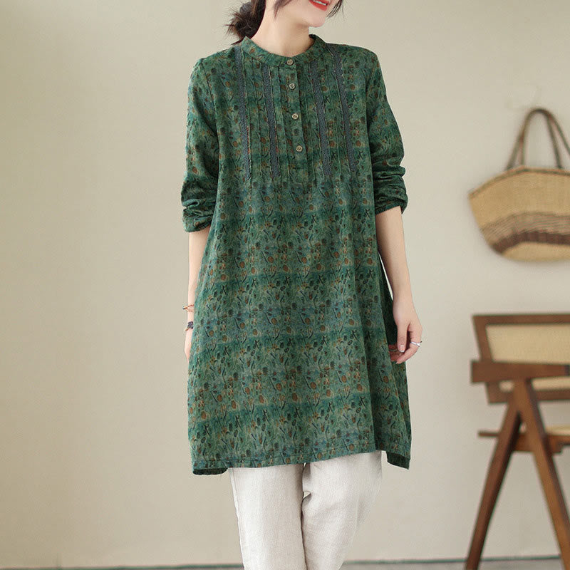 Buddha Stones Retro Printed Floral Women's Accordion Pleats Design Long Sleeve Shirt With Pockets - SeaGreen - US8-10，UK/AU12-14，EU40-42 (2XL) - image 16