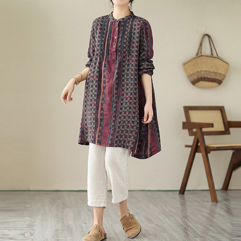 Buddha Stones Retro Printed Floral Women's Accordion Pleats Design Long Sleeve Shirt With Pockets - image 14