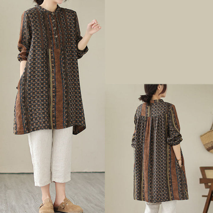 Buddha Stones Retro Printed Floral Women's Accordion Pleats Design Long Sleeve Shirt With Pockets - image 6