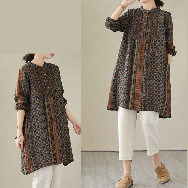 Buddha Stones Retro Printed Floral Women's Accordion Pleats Design Long Sleeve Shirt With Pockets - image 7