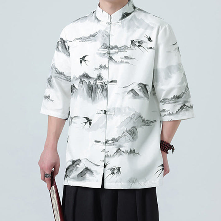 Buddha Stones Printing Chinese Ink Landscape Pattern Men's Frog-button Half Sleeve Shirts - image 2