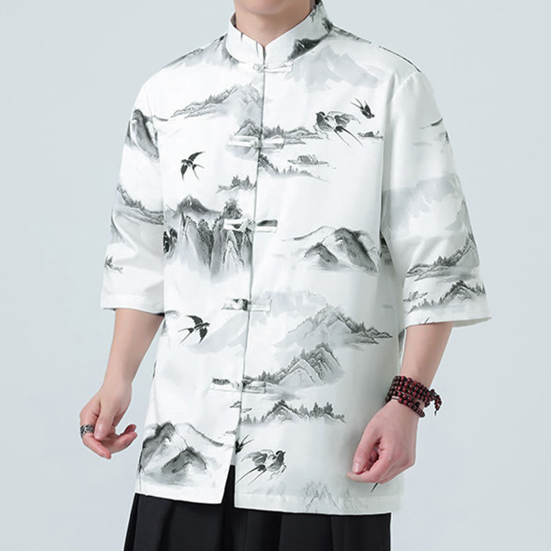 Buddha Stones Printing Chinese Ink Landscape Pattern Men's Frog-button Half Sleeve Shirts - image 1