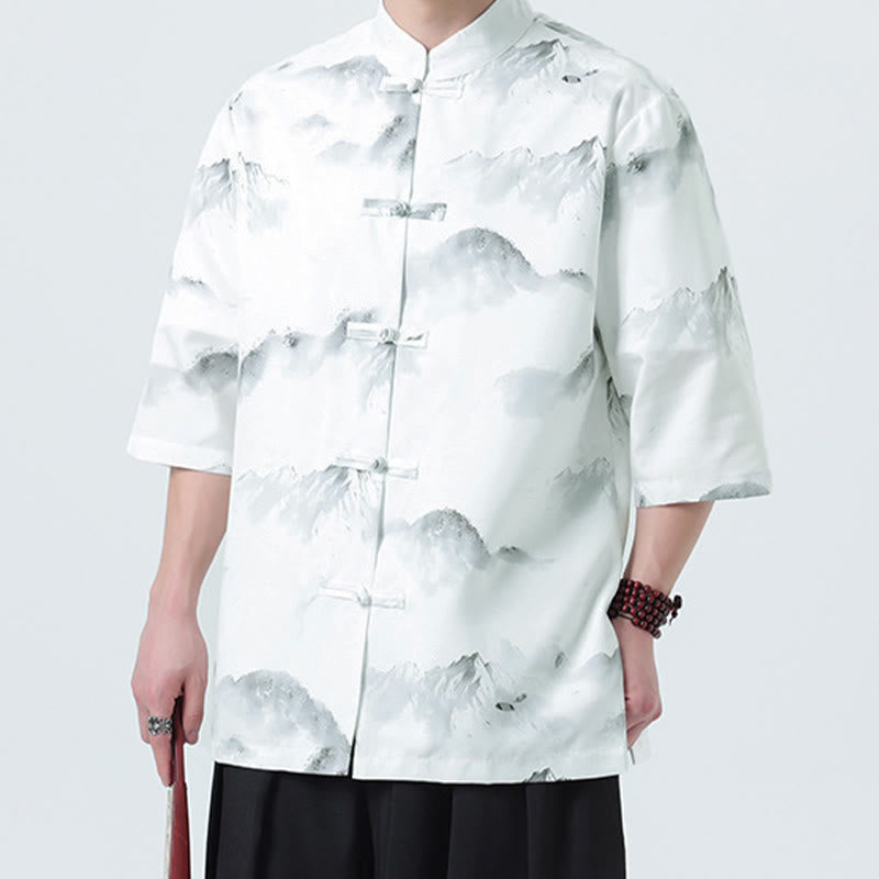Buddha Stones Printing Chinese Ink Landscape Pattern Men's Frog-button Half Sleeve Shirts - image 14