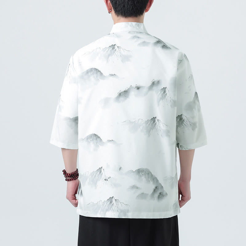 Buddha Stones Printing Chinese Ink Landscape Pattern Men's Frog-button Half Sleeve Shirts - image 13