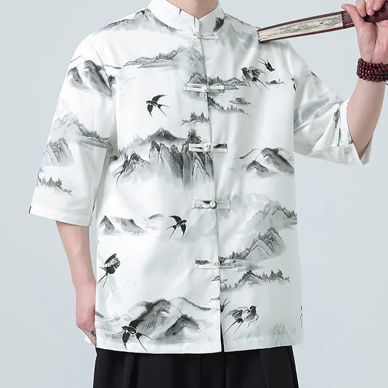 Buddha Stones Printing Chinese Ink Landscape Pattern Men's Frog-button Half Sleeve Shirts - Swallow&Mountain Pattern - US/UK/AU46，EU56 (5XL) - image 0