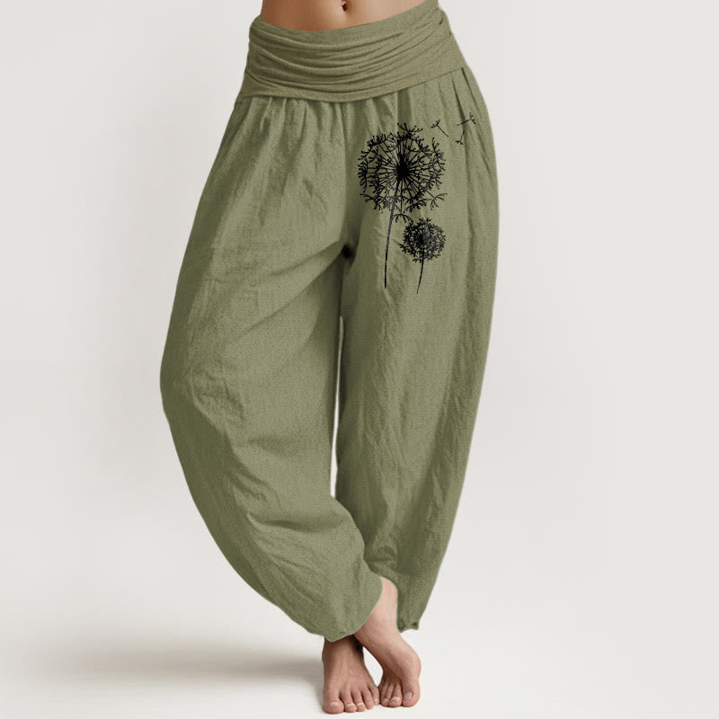 Buddha Stones Pure Cotton Minimalist Style Dandelion Pattern Women's Elastic Waist Harem Pants - OliveDrab - US16，UK/AU20，EU48 (3XL) - image 14
