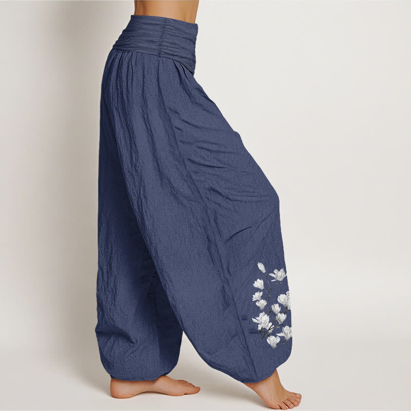 Buddha Stones Pure Cotton Minimalist Style Magnolia Flower Pattern Women's Elastic Waist Harem Pants - image 7