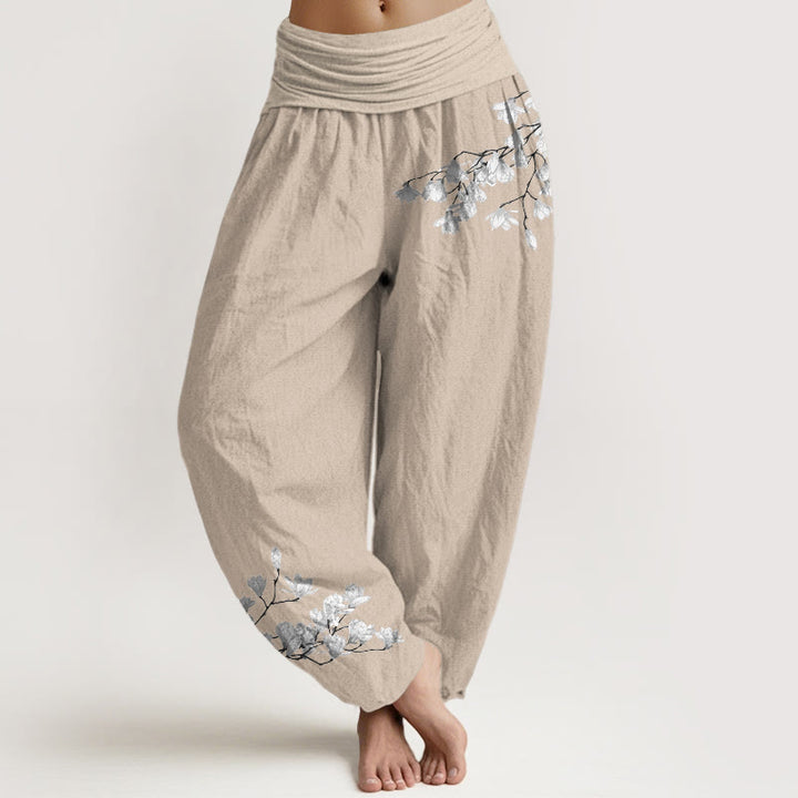 Buddha Stones Pure Cotton Minimalist Style Magnolia Flower Pattern Women's Elastic Waist Harem Pants - Tan - US16，UK/AU20，EU48 (3XL) - image 11