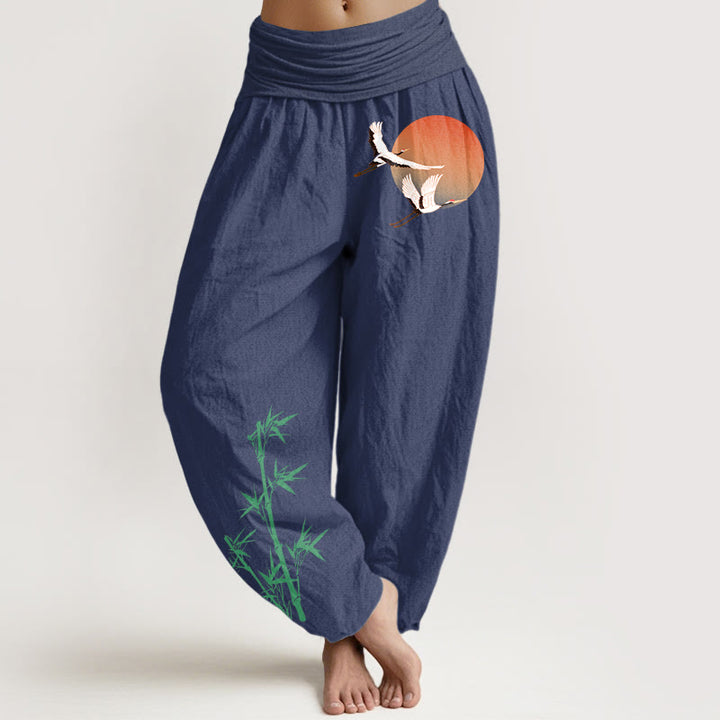Buddha Stones Pure Cotton Elegant Sun Crane Bamboo Pattern Women's Elastic Waist Harem Pants - DarkSlateBlue - US16，UK/AU20，EU48 (3XL) - image 8