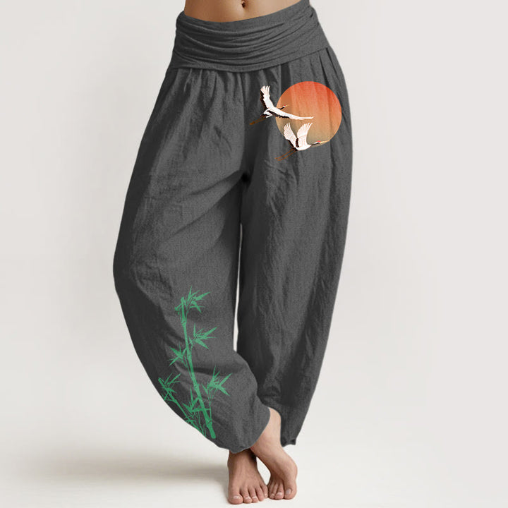 Buddha Stones Pure Cotton Elegant Sun Crane Bamboo Pattern Women's Elastic Waist Harem Pants - DimGray - US16，UK/AU20，EU48 (3XL) - image 11