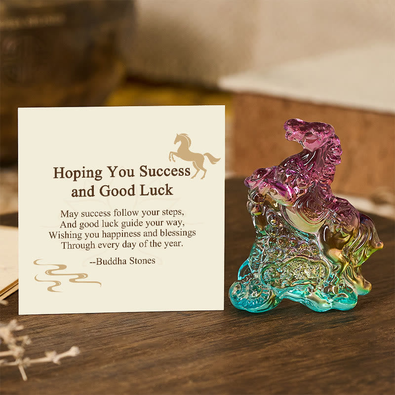 Buddha Stones "Hoping You Success and Good Luck" Year Of The Horse Ingot Get Rich Fast Mini Liuli Crystal Decoration Includes Gift Message Card - Colorful 5.4*6.5cm - Standard Gift Box - image 0