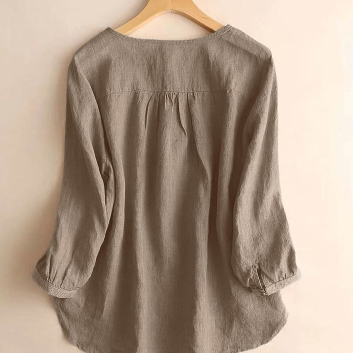 Buddha Stones Casual Plain Women's Hollow Crew Neck Design Three Quarter Sleeve Shirt - image 1