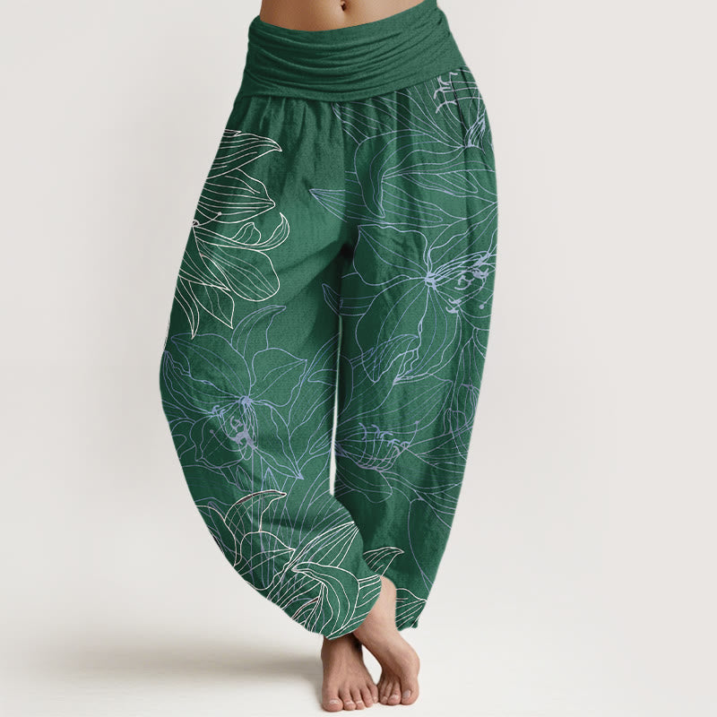 Buddha Stones Pure Cotton Minimalist Style Flower Pattern Women's Elastic Waist Harem Pants - SeaGreen - US16，UK/AU20，EU48 (3XL) - image 0