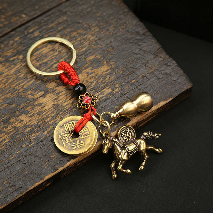 Buddha Stones Year Of The Horse Copper Brass Five-Emperor Coins Wealth Key Chain - Five-Emperor Coins Red String Horse - image 3