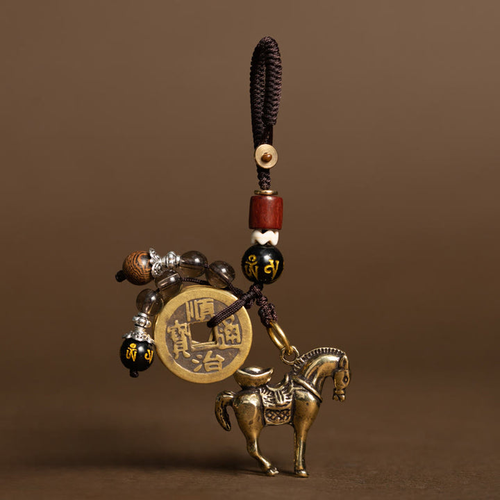 Buddha Stones Year Of The Horse Copper Brass Five-Emperor Coins Om Mani Padme Hum Protection Key Chain - Ingot Om Mani Padme Hum Horse(Size: 36*31 mm) - image 0