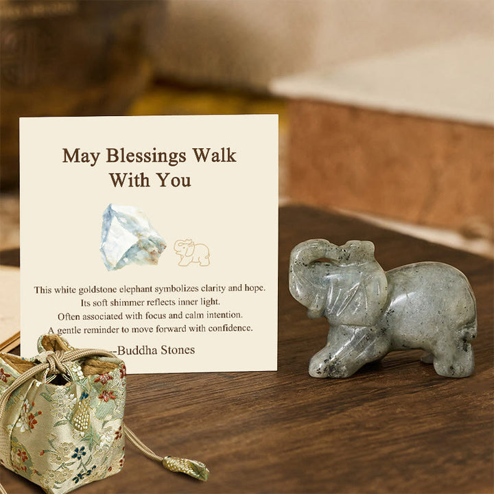 Buddha Stones ''May Blessings Walk With You'' Natural Small Elephant Amazonite Amethyst Jade Black Obsidian Stone Decoration Includes Gift Message Card - White Goldstone 5*3.9*2.5cm - Deluxe Gift Bag (+$9.59) - image 81