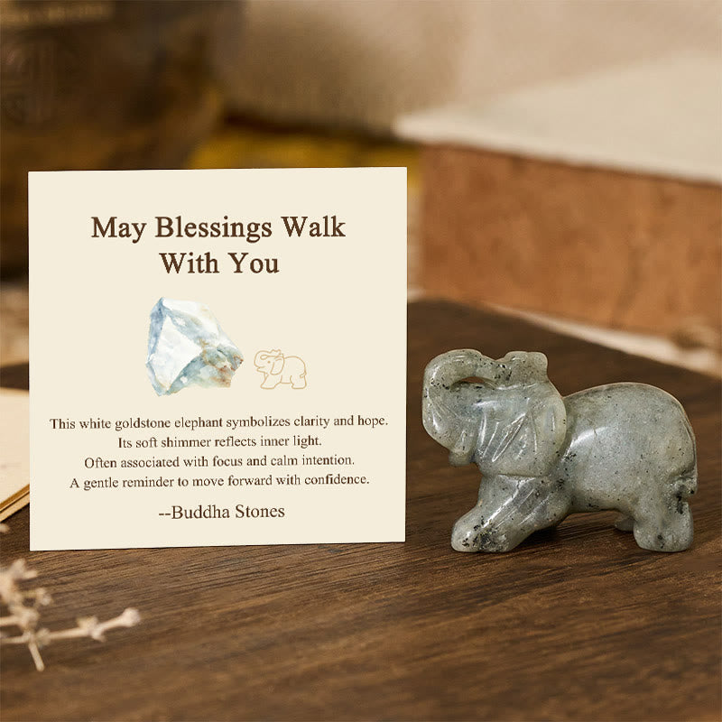 Buddha Stones ''May Blessings Walk With You'' Natural Small Elephant Amazonite Amethyst Jade Black Obsidian Stone Decoration Includes Gift Message Card - White Goldstone 5*3.9*2.5cm - Standard Gift Box - image 74