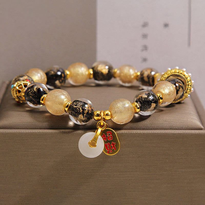 Buddha Stones Black Gold Liuli Glass Bead Attracts Wealth Peace Buckle Blessing Bracelet - 14-16cm - image 0