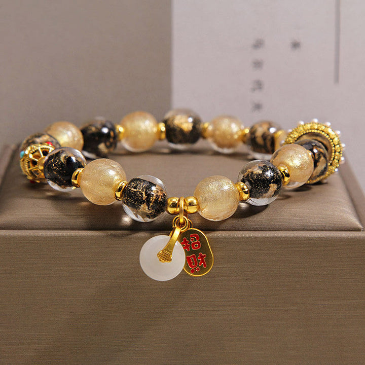 Buddha Stones Black Gold Liuli Glass Bead Attracts Wealth Peace Buckle Blessing Bracelet - 14-16cm - image 0