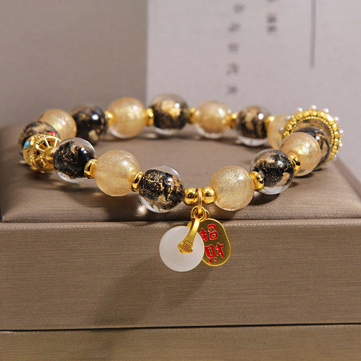 Buddha Stones Black Gold Liuli Glass Bead Attracts Wealth Peace Buckle Blessing Bracelet - image 5