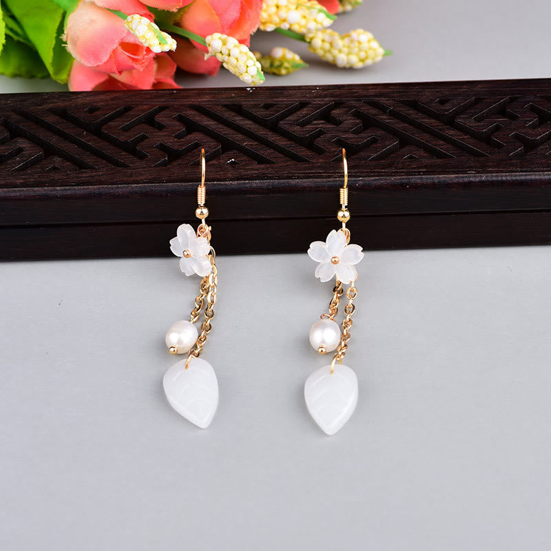 Buddha Stones Pearl White Flower Leaves Happiness Drop Earrings - image 3