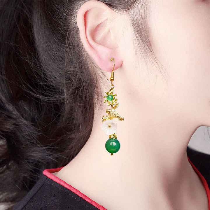 Buddha Stones Green Agate Bead White Flower Bird Power Drop Earrings - image 4