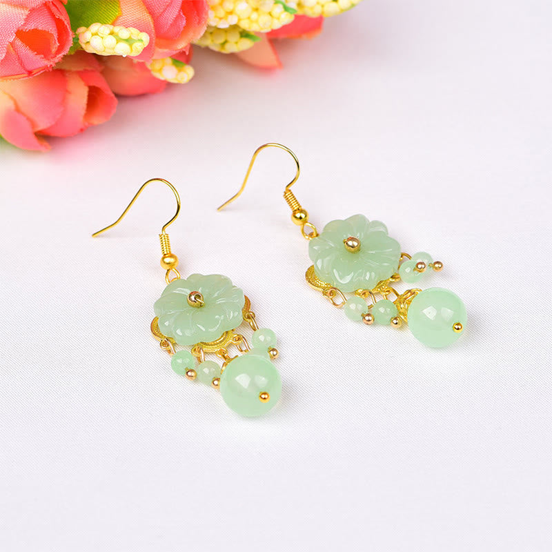 Buddha Stones Green Pink Flower Liuli Glass Drop Earrings - image 2