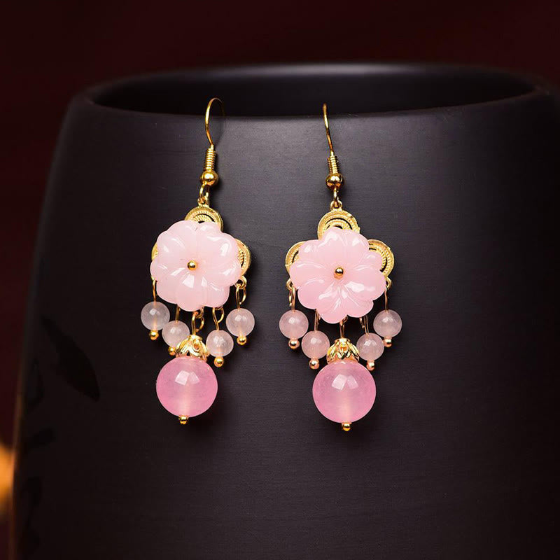 Buddha Stones Green Pink Flower Liuli Glass Drop Earrings - image 6