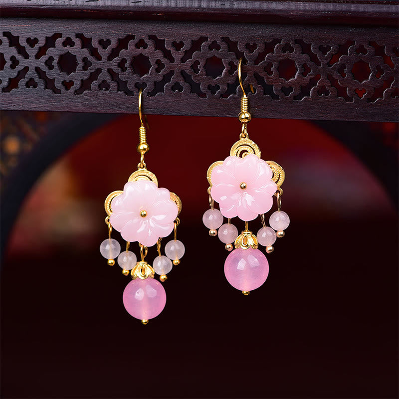 Buddha Stones Green Pink Flower Liuli Glass Drop Earrings - Pink(Copper Posts) - image 5