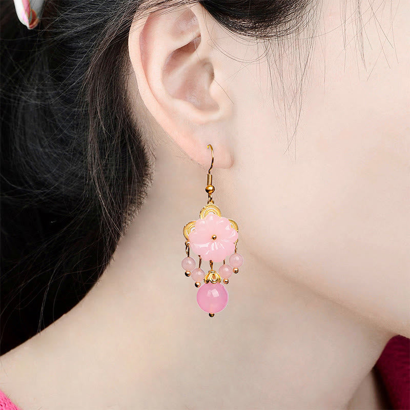 Buddha Stones Green Pink Flower Liuli Glass Drop Earrings - image 7